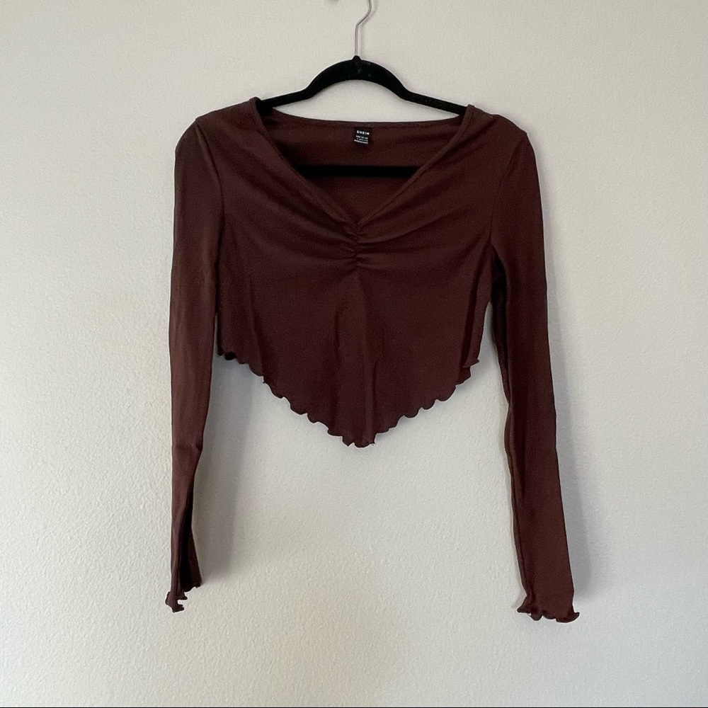 NWT in package shein brown lettuce hem v cut long sleeve top sz.L(8/10)